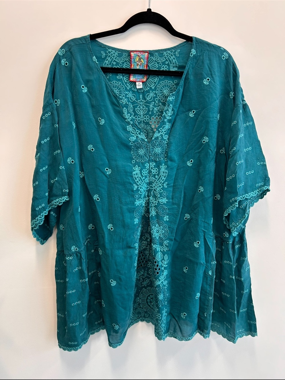 Johnny Was Teal Embroidered Open-Front Women's Top 2XL